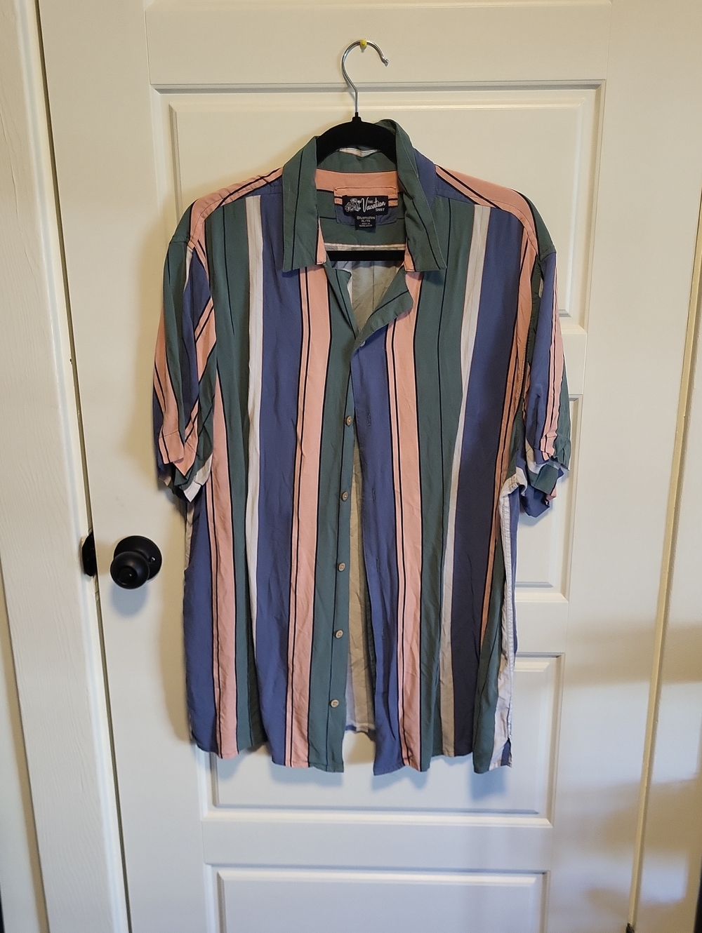 Bluenotes Short-Sleeve Vertical Stripe Button-Down in Blue, Green & Pink
